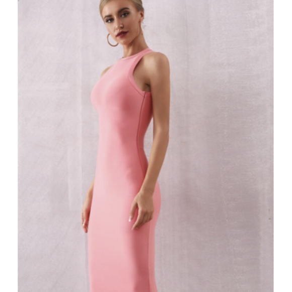NEW! PINK PEACH CORAL HIGH NECK BANDAGE DRESS - Picture 5 of 14